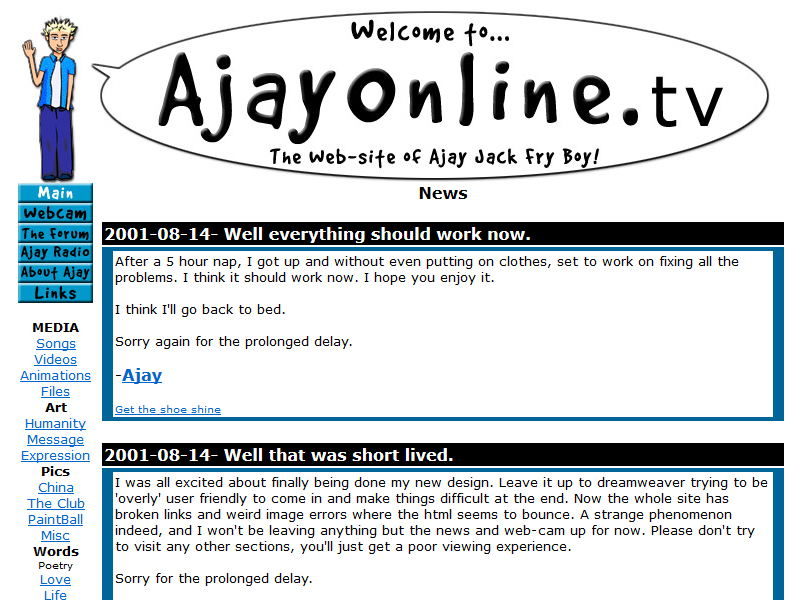 A screenshot of Ajayonline.tv, Ajay Fry's website from the early aughts.